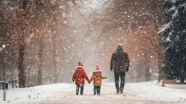 Obraz Family with kids in a snowy park