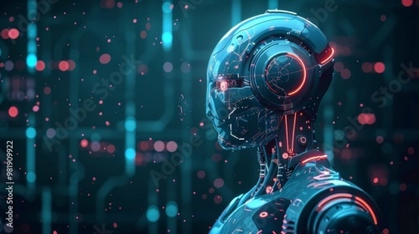 Fototapeta A robot with red and blue lights on its head and body