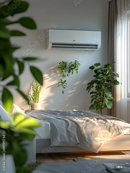 Obraz Minimalist bedroom interior with sunlight filtering through the window, featuring an air conditioning unit and indoor potted plants.