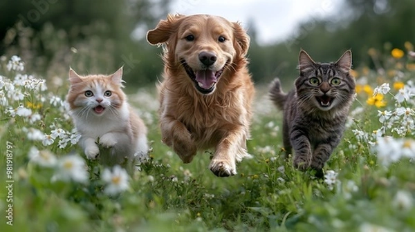 Fototapeta Cat and dog running together in vivrant flower garden, sunny spring meadow. Cute puppy and kitten friendship companionship, creative funny animal pet character 3d digital artwork, fantasy background.