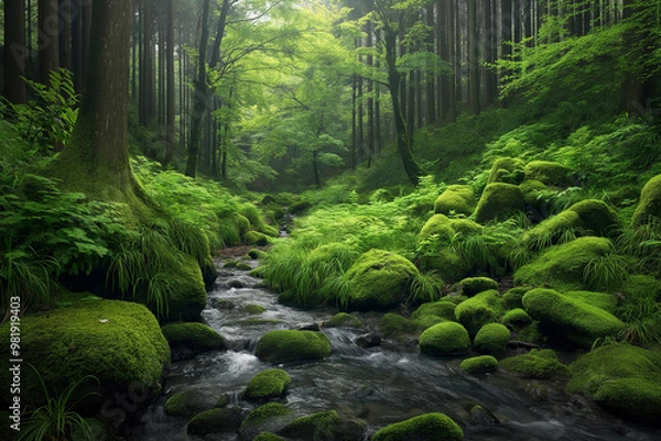 Fototapeta In the lush, green forest, a small stream flows through ancient, moss-covered rocks, creating an enchanting natural landscape