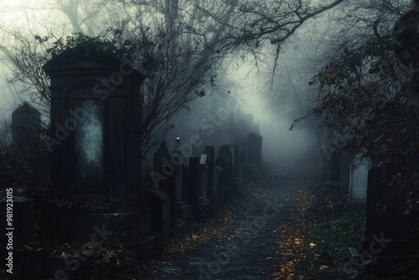 Fototapeta Foggy Pathway Through a Cemetery with Tombstones and Bare Trees