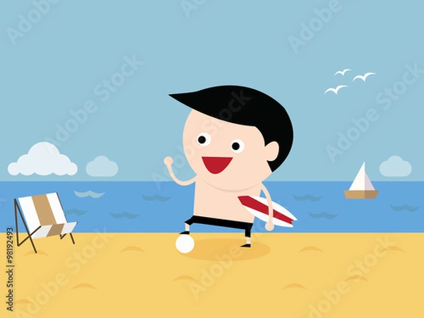 Fototapeta Beach with a beach bed, a boy and a boat, vector