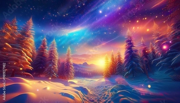 Obraz 冬、雪景色、オーロラ、星空、森、夕日、幻想的、冬の森、夜空、樹木、自然、光、寒い、夕焼け、冬の夕日