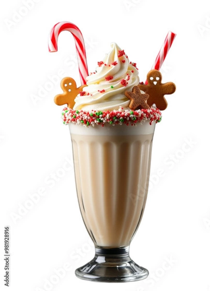 Obraz A festive Christmas-themed milkshake topped with whipped cream, colorful sprinkles, a gingerbread cookie, and a candy-striped straw. Presented on a transparent background, perfect for holiday-themed