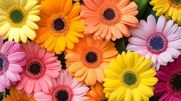 Fototapeta Beautiful, colorful gerbera daisies bloom brightly in a vibrant spring bouquet