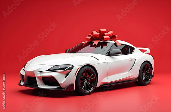 Fototapeta White car with a red gift bow on top on a red background.