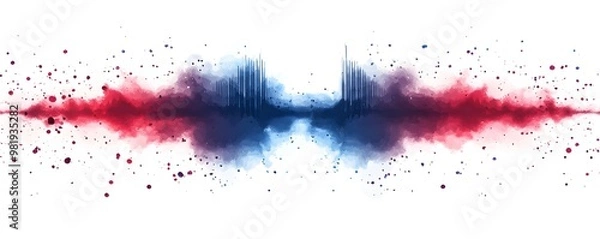 Fototapeta A vibrant digital waveform with red and blue splashes representing audio or sound energy, highlighting creativity and technology.