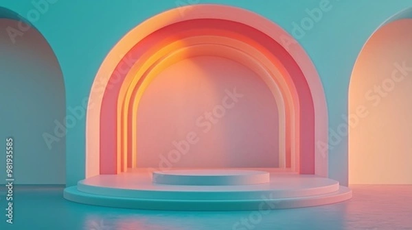 Obraz Simple empty podium in the center of an arched room with pastel-colored walls, light pink and orange blue background. ideal for product display or presentation purposes.