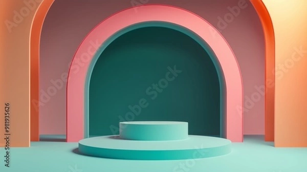 Obraz Simple empty podium in the center of an arched room with pastel-colored walls, light pink and orange blue background. ideal for product display or presentation purposes.