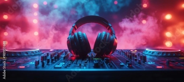 Obraz Colorful DJ headphones on DJ console in the background of a fuzzy smoky dark nightclub