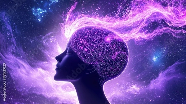 Fototapeta Cosmic Mind   Abstract Illustration of a Head Surrounded by Purple Nebula