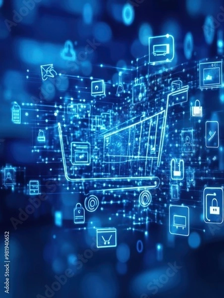 Fototapeta Blue background adorned with sleek digital icons representing online shopping technology