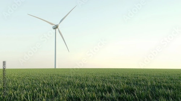 Fototapeta Eco-Friendly Energy Concept - Wind Turbine in Green Field with Copy Space for Message | 3D Render Illustration