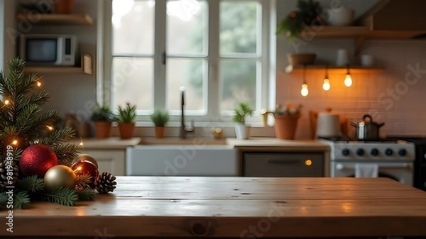 Fototapeta Empty table in the kitchen for presentation. Christmas decor.