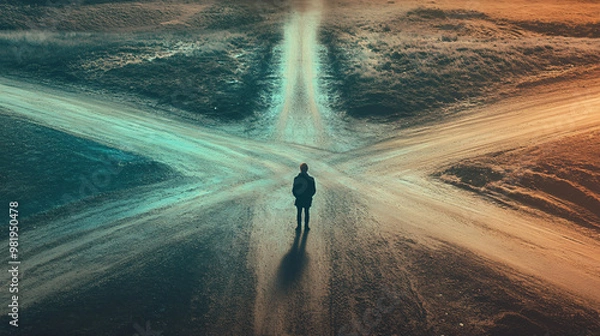 Fototapeta silhouette of person at a fork in the road with teal and brown tones.