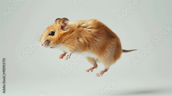 Fototapeta A cute hamster captured mid-jump against a plain background, showcasing its playful nature and fluffy fur in an adorable manner for pets.