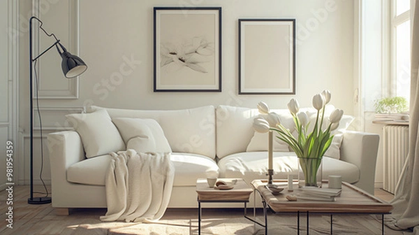 Fototapeta A cozy living room scene featuring a white sofa adorned with pillows and a wooden coffee table, complemented by a vase of tulips, creating a warm and inviting space for lifestyle.