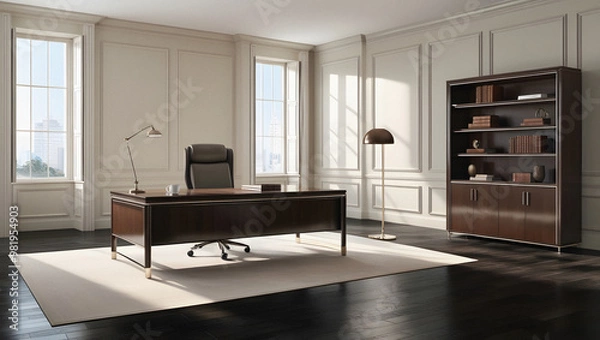 Fototapeta Elegant, modern, well-lit office Generative AI