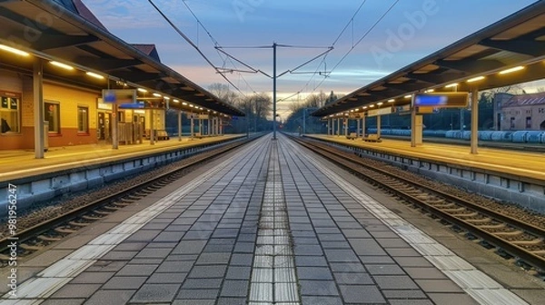 Fototapeta Platform: A designated space where passengers await their trains, complete with safety markings and signage indicating train numbers and their destinations.
