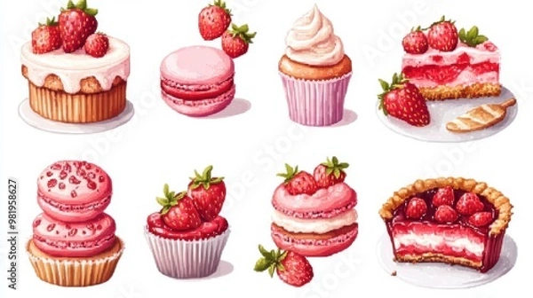 Fototapeta Vector illustration Cross stitch Sweet dessert set with strawberry cake,cupcake,macaroon,sweets pixel art set of icons,vintage, 8 bit, bakery menu,copy space.