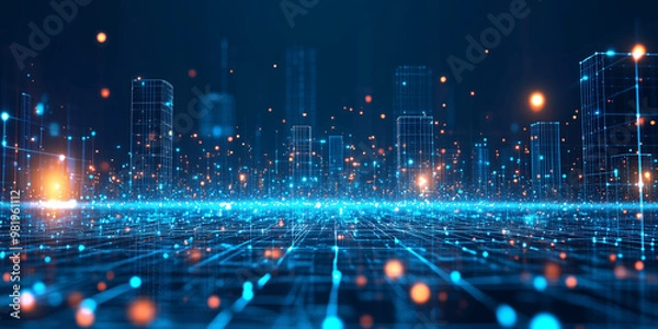 Fototapeta A glowing, interconnected city with visible network lines connecting buildings, symbolizing the concept of an intelligent, interconnected smart city