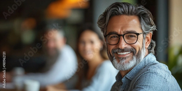 Fototapeta Smiling man with grey hair and beard in a casual setting.