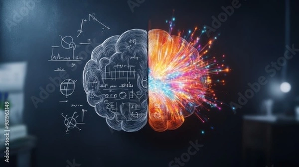 Obraz A creative illustration showcasing the contrast between analytical and creative thinking in the human brain.