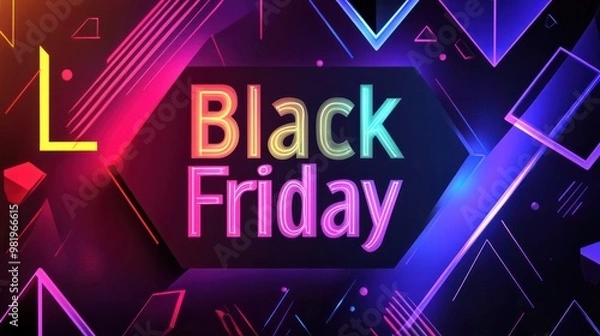 Obraz Abstract geometric pattern in neon colors with the text "Black Friday" in bold, isolated on a dark background, modern and artistic for unique advertising. transparent background