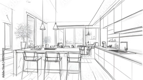 Fototapeta An interior sketch outlines the blueprint design of a kitchen, featuring modern furniture and an island.