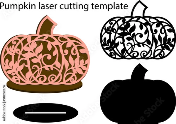 Fototapeta Pumpkin laser cutting template on stand for thanksgiving, fall holidays, vector lace floral pumpkin
