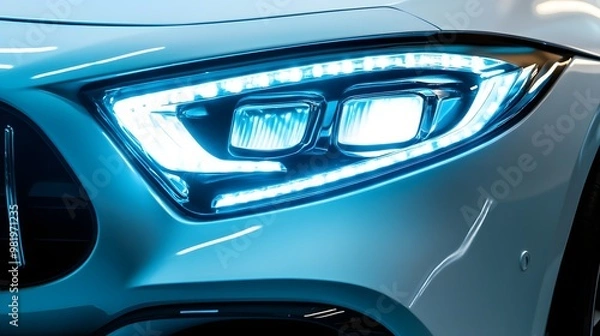 Fototapeta the headlights of a white car with the grill lights turned on