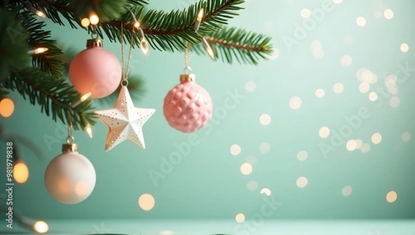 Fototapeta Pink and white Christmas baubles hanging from a tree branch with bokeh lights in the background
