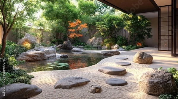Fototapeta Serene garden with rocks, water, and lush greenery for relaxation.