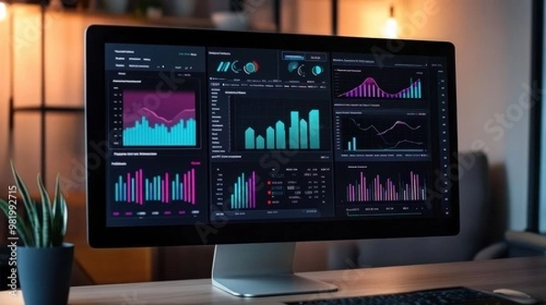 Fototapeta A computer monitor displays several graphs and charts