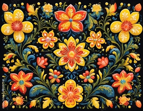 Fototapeta Norwegian Scandinavian rosemaling traditional handpainted folk art in bright yellow floral pattern