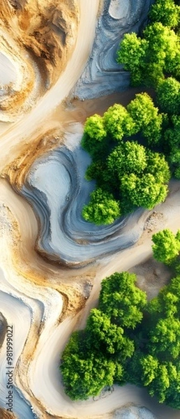 Fototapeta Aerial View of a Sandy Riverbed with Trees.