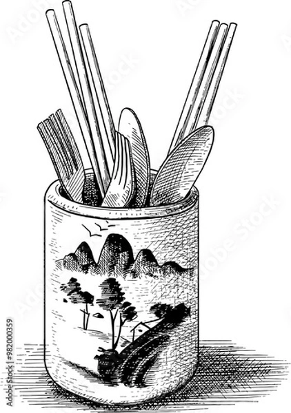 Obraz Cutlery Holder Line Art and Kopitam Cafe Digital Illustration Vector Clipart