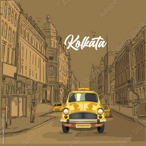 Fototapeta Kolkata yellow taxi. kolkata city with front view of an yellow color taxi.illustration of Taxi vector design