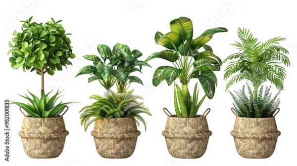 Fototapeta A collection of various potted houseplants, including a palm tree, a leafy plant, and a tropical plant. The plants are all potted in woven baskets and set on a white background.