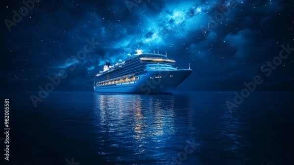 Fototapeta Massive cruise ship sailing through deep blue waters under a starry night sky, celestial constellations reflected on the ocean surface, surrealism, dark tones, dreamlike quality