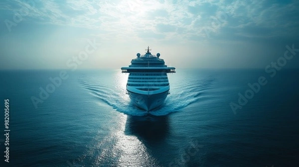 Fototapeta Aerial view of a towering cruise ship, its silhouette cutting through the deep blue sea, minimal clouds above, the horizon barely visible
