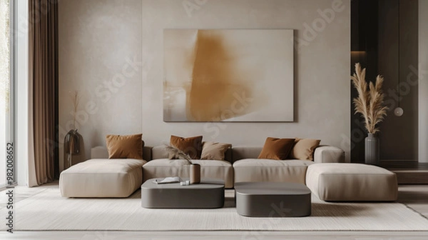 Fototapeta A minimalist living room with a neutral brown tones sofa, sleek coffee table and decorative vases placed around it. autumn design, decoration 