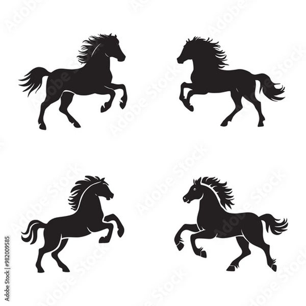 Fototapeta Black and white vector silhouettes set of dynamic horse