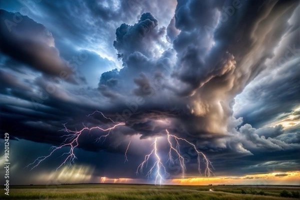 Fototapeta Powerful lightning storm illuminating dark skies over open field