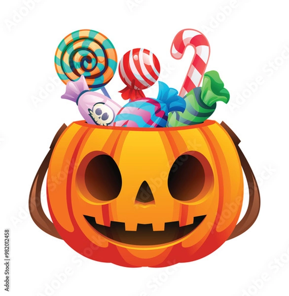 Fototapeta Carved Halloween pumpkin bucket filled with various colorful candies. Vector cartoon illustration