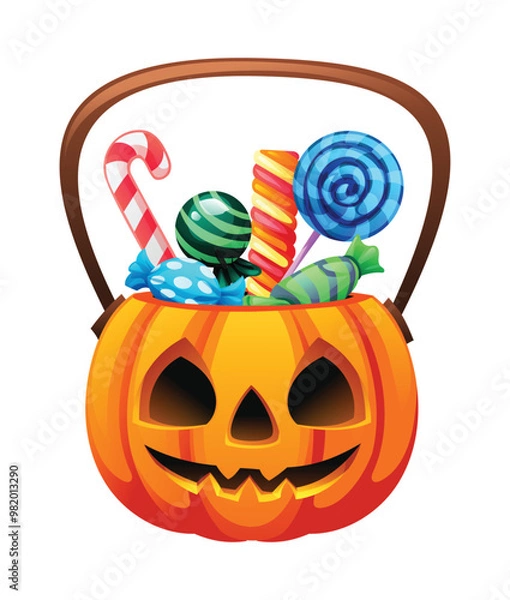 Fototapeta Halloween pumpkin bucket with candies and lollipops, perfect for trick or treat. Vector cartoon illustration