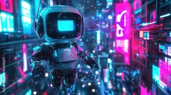 Fototapeta A futuristic robot floating in a neon-lit digital environment.