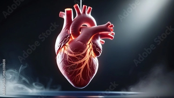 Fototapeta A close-up of a human heart, veins and arteries glowing faintly, suspended in a dark lab