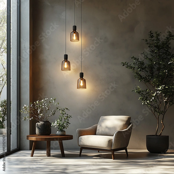 Fototapeta modern minimalist living room with an armchair and coffee table with potted plants